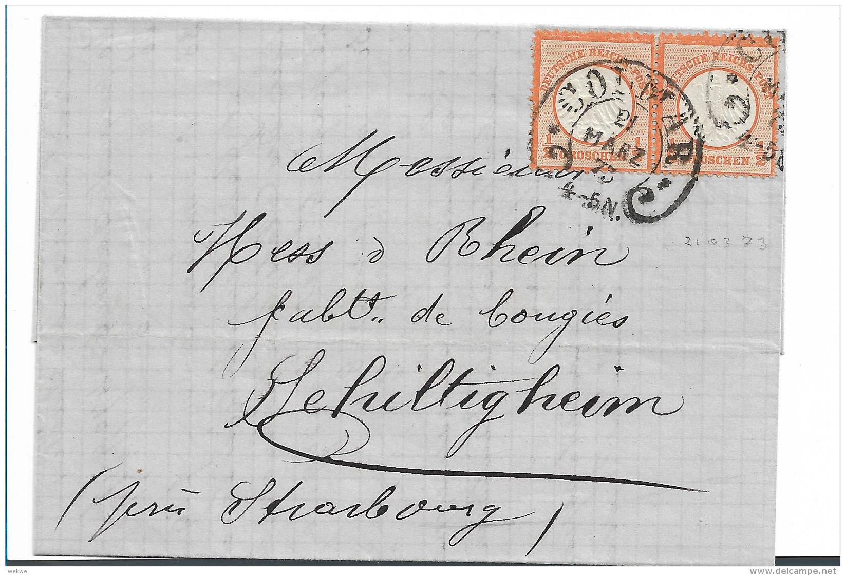 EL086 / ELSASS -  COLMAR Hufeisenstempel Auf Kleinem Brustschild (Mi.Nr. 14 Im Paar) 1873 Nach Schiltigheim - Lettres & Documents