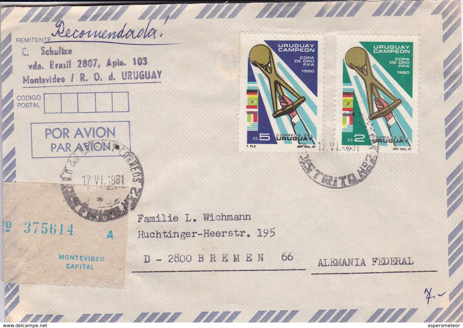 URUGUAY. AIRMAIL RECOMMANDE. CIRCULEE TO GERMANY-TBE-BLEUP - Uruguay