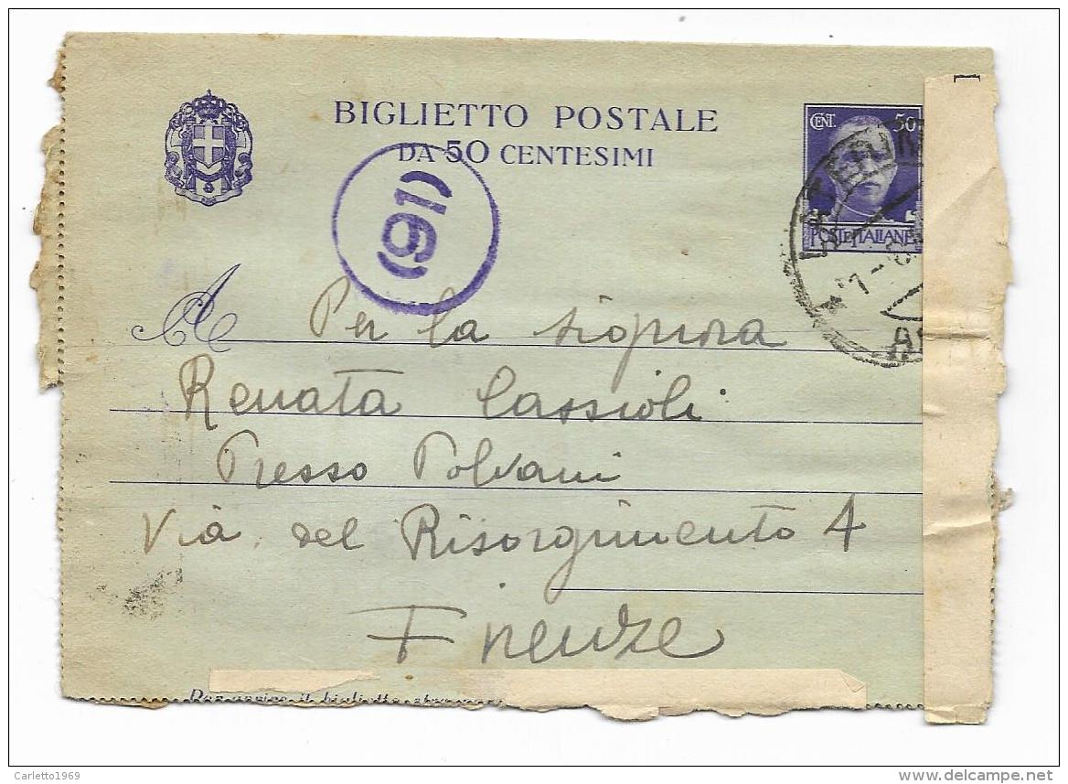 BIGLIETTO POSTALE DA 50 CENTESIMI 1943 - Marcophilia