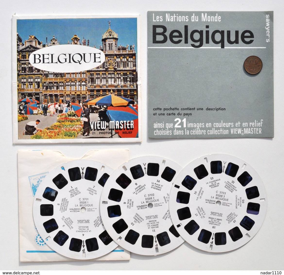 VIEW-MASTER : BELGIQUE (Belgium) + Pièce 20 Centimes 1954 / Waterloo, Louvain, Dinant, Bastogne, Eupen, Ostende, Gand .. - Visionneuses Stéréoscopiques
