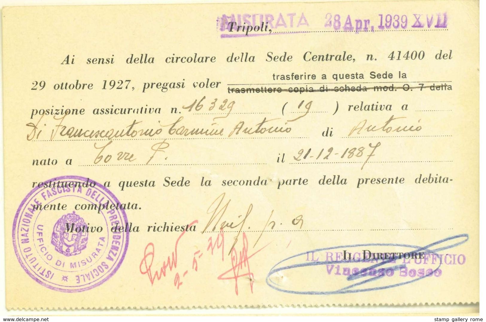 LIBIA CARTOLINA ISTITUTO NAZIONALE FASCISTA PREVIDENZA SOCIALE DA MISURATA PER CHIETI ANNO 1939 - Libya