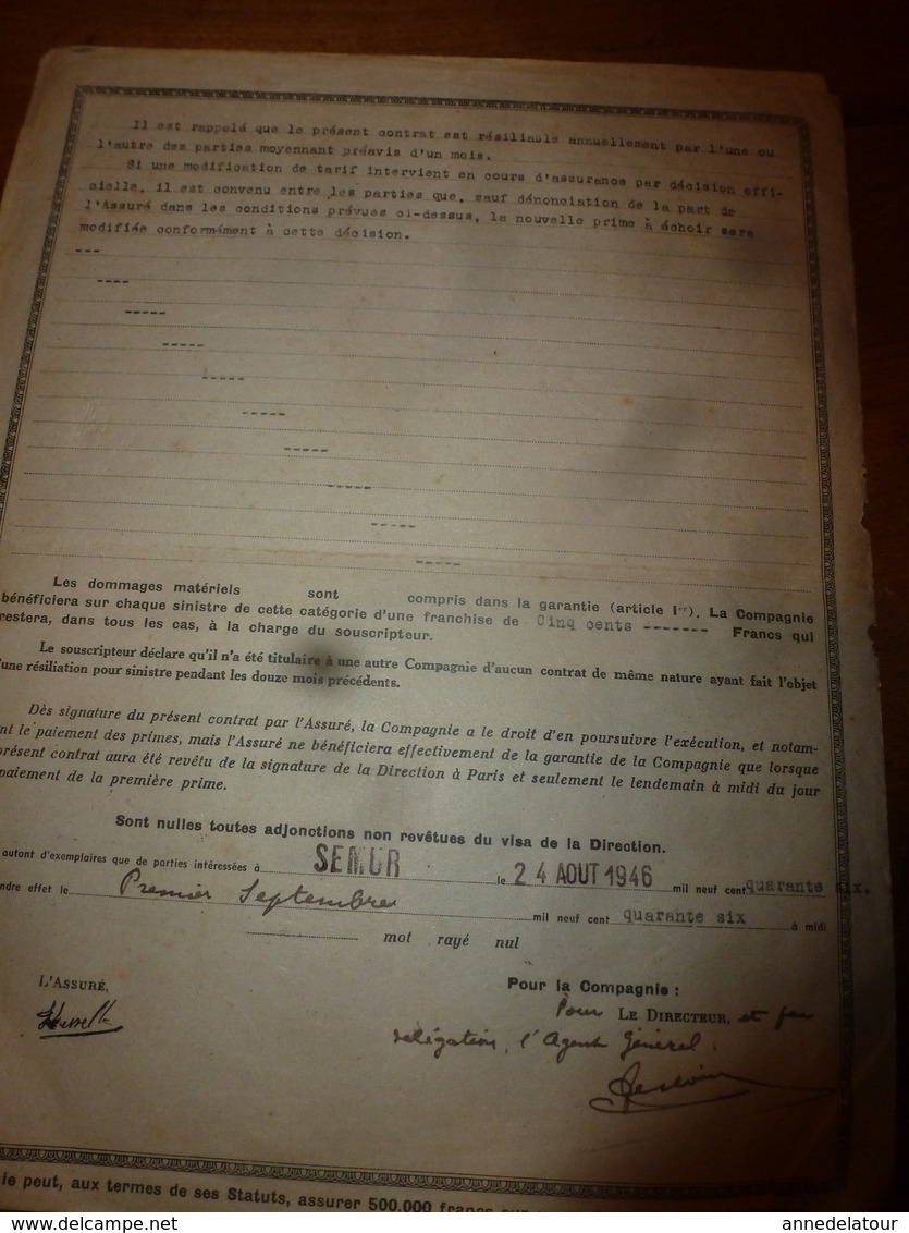 1946 Compagnie Du SOLEIL , Assurance Contre Les Accidents De Chasse Au Nom De Kesseller Marcel à Gissey-sous-Flavigny - Autres & Non Classés