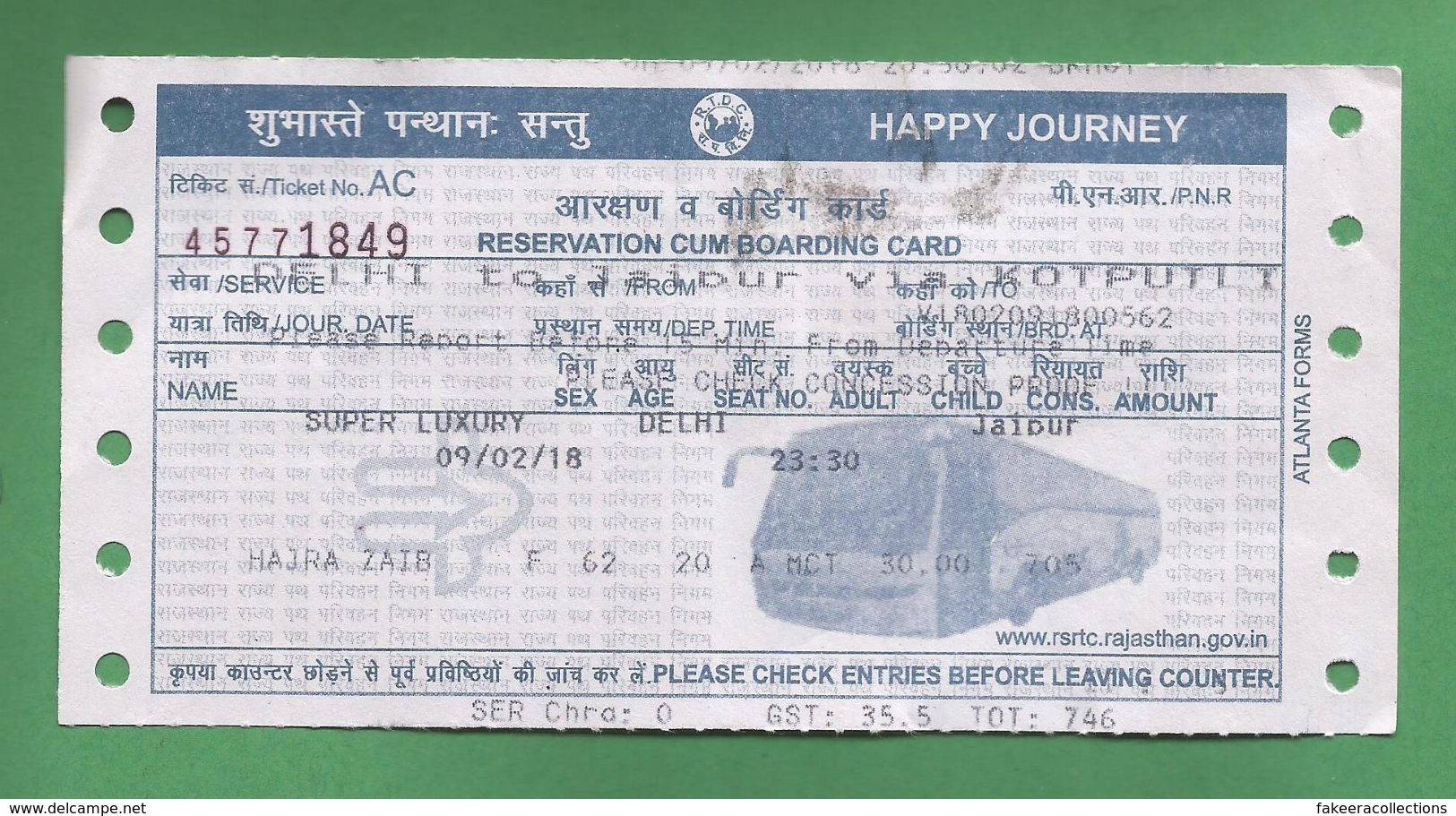 INDIA 2018 Inde Indien - DELHI To JAIPUR - Reservation Cum Boarding Card - Super Luxury Bus Travel Ticket - As Scan - Mundo