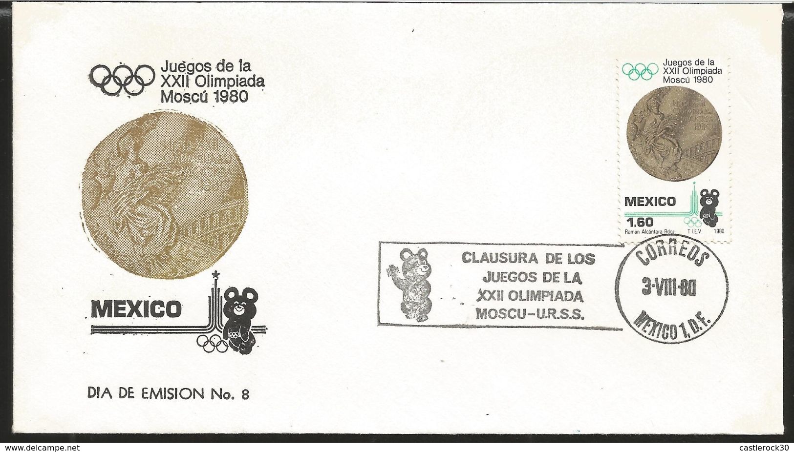 J) 1980 MEXICO, XXII OLYMPIAD GAMES MOSCOW, GOLD, SILVER AND BRASS MEDALS, SET OF 3 FDC - Mexico