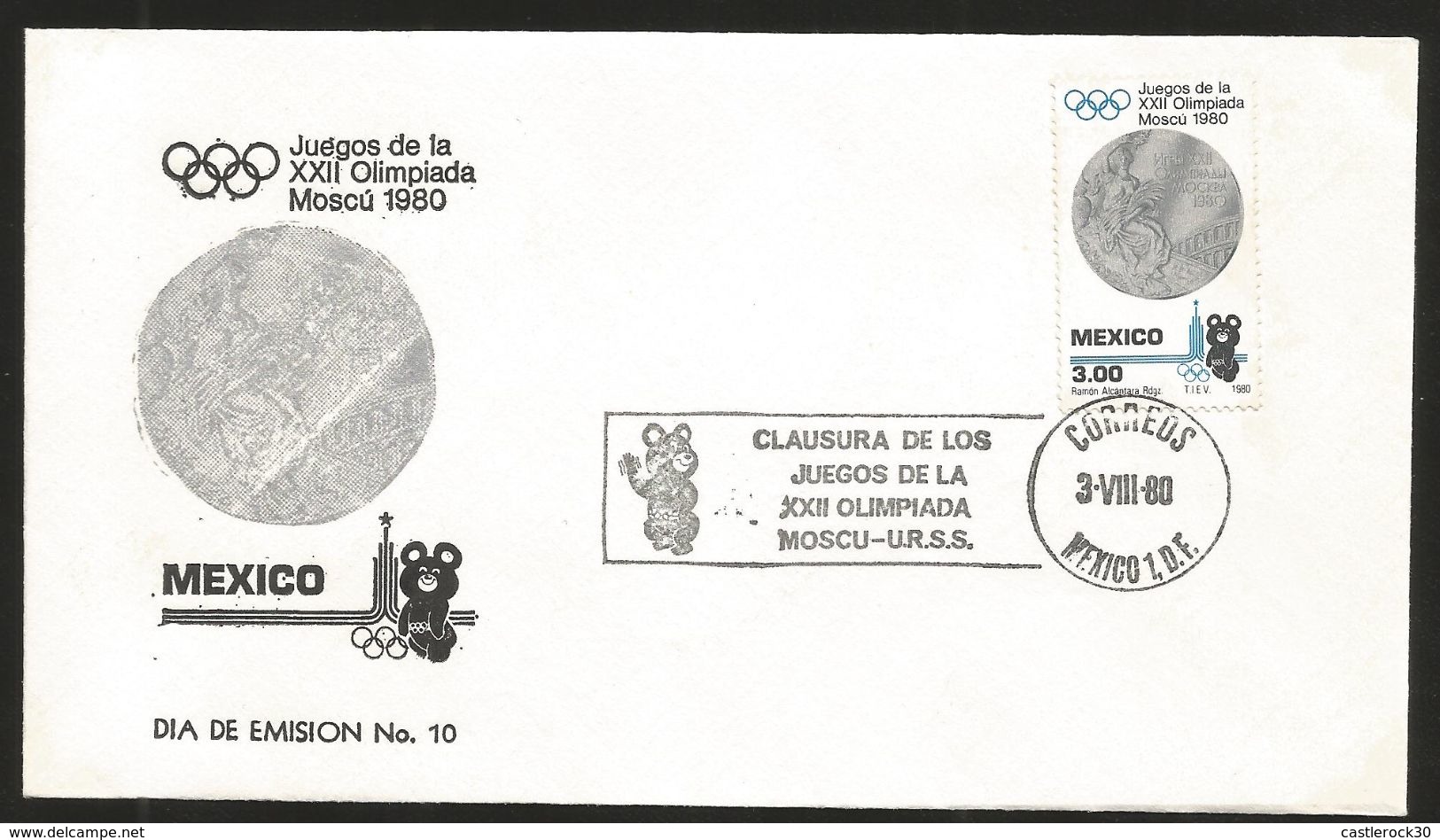 J) 1980 MEXICO, XXII OLYMPIAD GAMES MOSCOW, GOLD, SILVER AND BRASS MEDALS, SET OF 3 FDC - Mexico