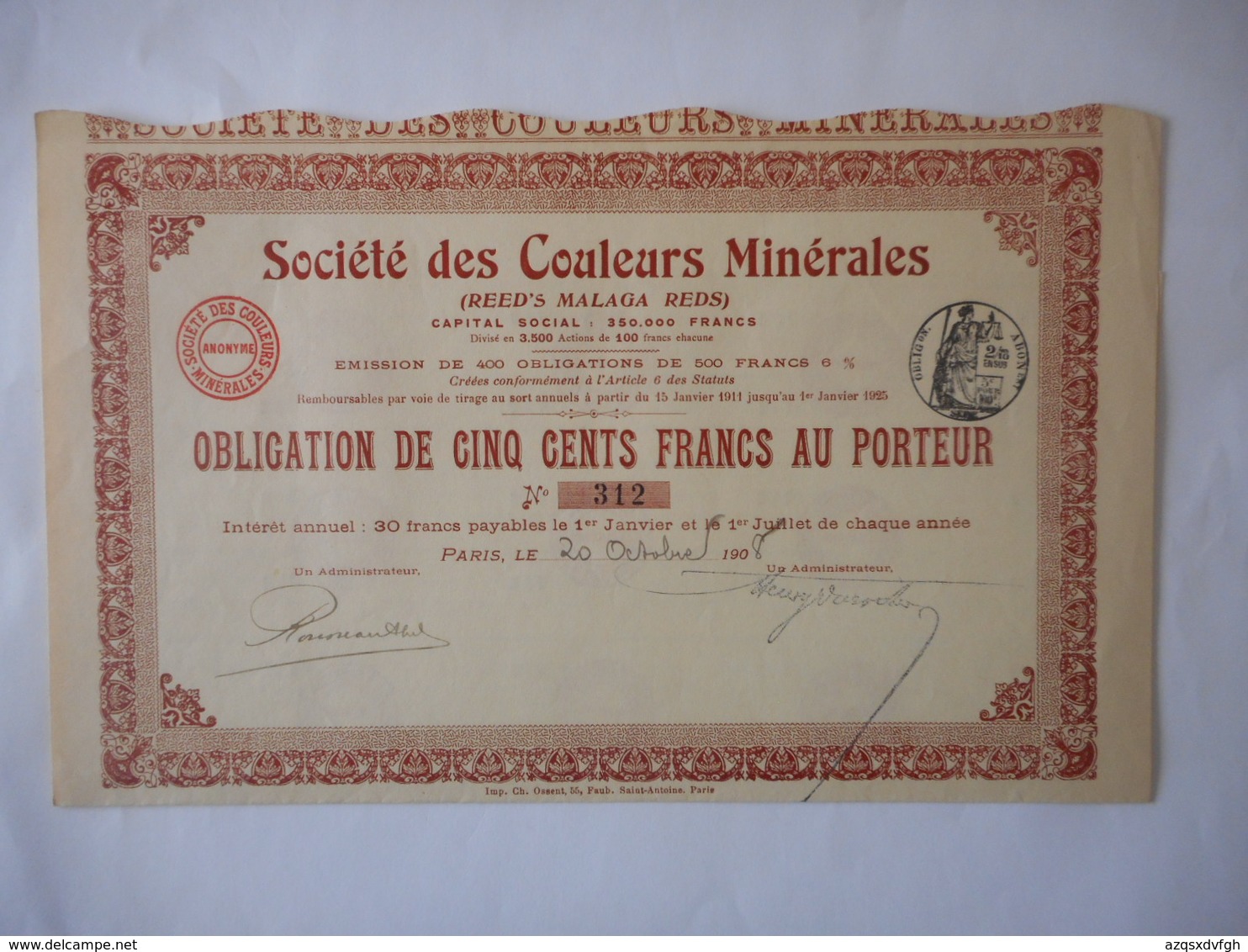 Ste Des COULEURS MINERALES           REED'S MALAGA REDS 1908 - Industry