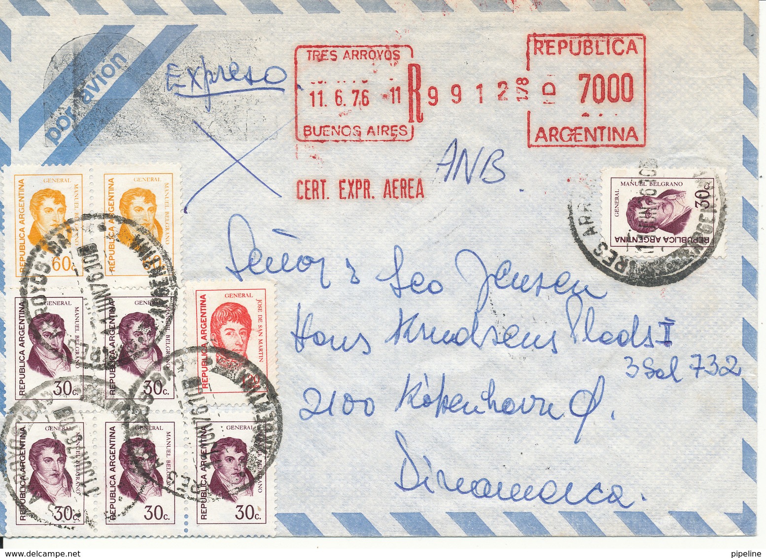 Argentina Registered Express Air Mail Cover With Meter Cancel And Stamps Sent To Denmark 11-6-1976 - Covers & Documents