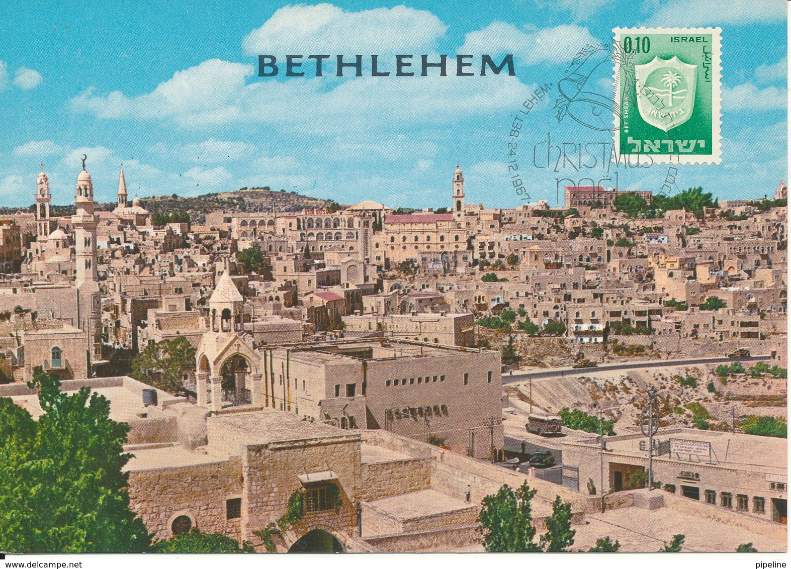 Israel Postcard Betlehem Christmas 24-12-1967 (Partial View Betlehem) (the Card Is Bended At The Upper Right Corner) - Israel