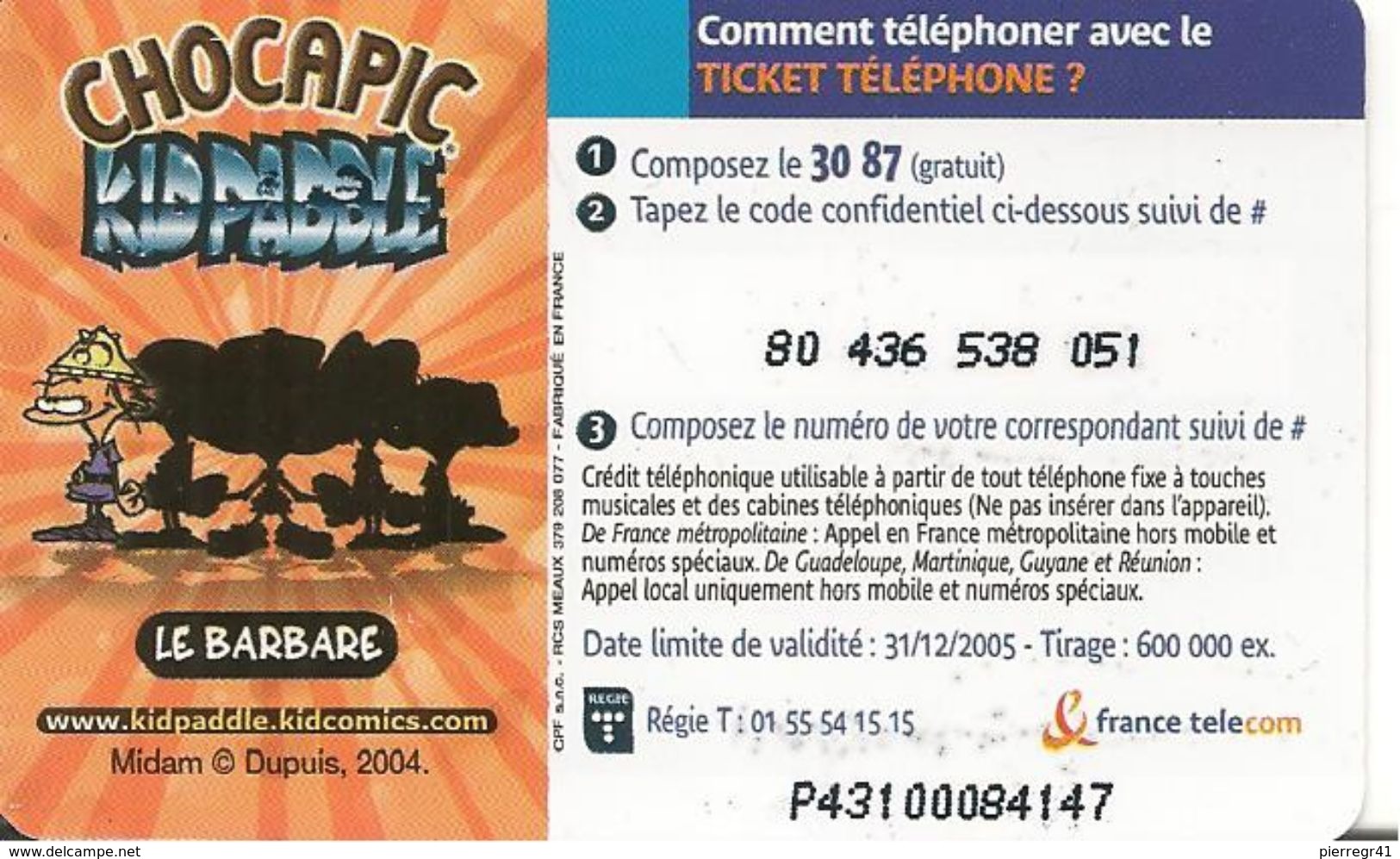 CODECARD-FT-3MN-KIDPADDLE-Saumon-Le BARBARE- GRATTE-V°Petits N°en Biais-31/12/2005-TBE - Tickets FT