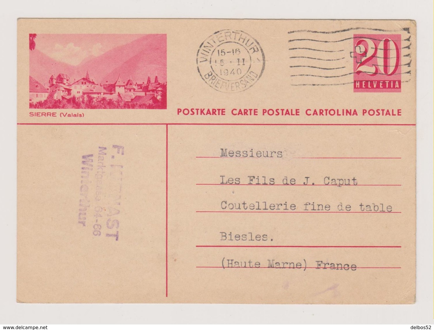 SUISSE -Winterthur - Entier Postal - Sierre - Entiers Postaux