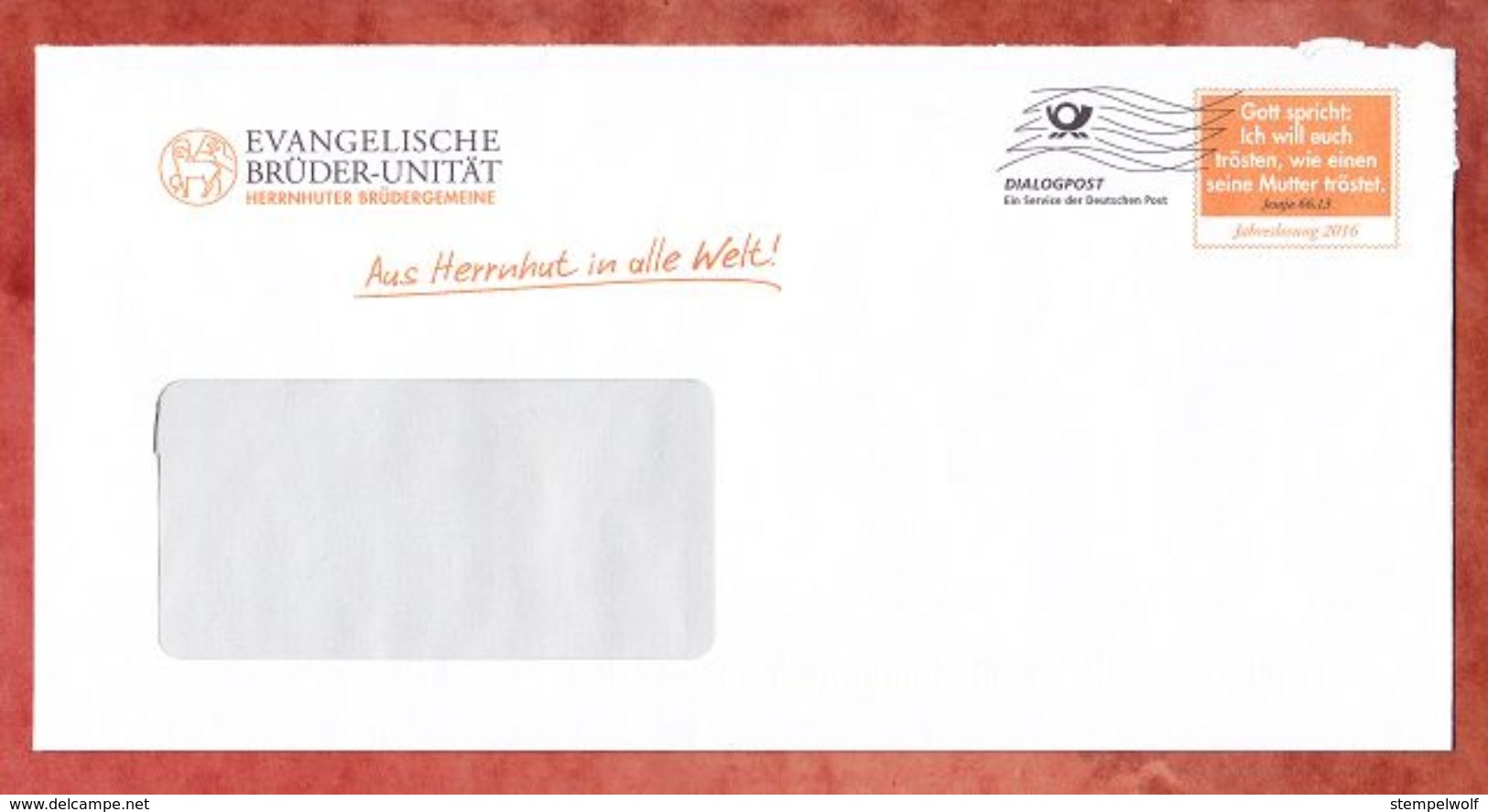 Dialogpost, Evangelische Brueder-Unitaet, Herrnhuter Bruedergemeinde, Jahreslosung 2016, Frankierwelle (48582) - Maschinenstempel (EMA)