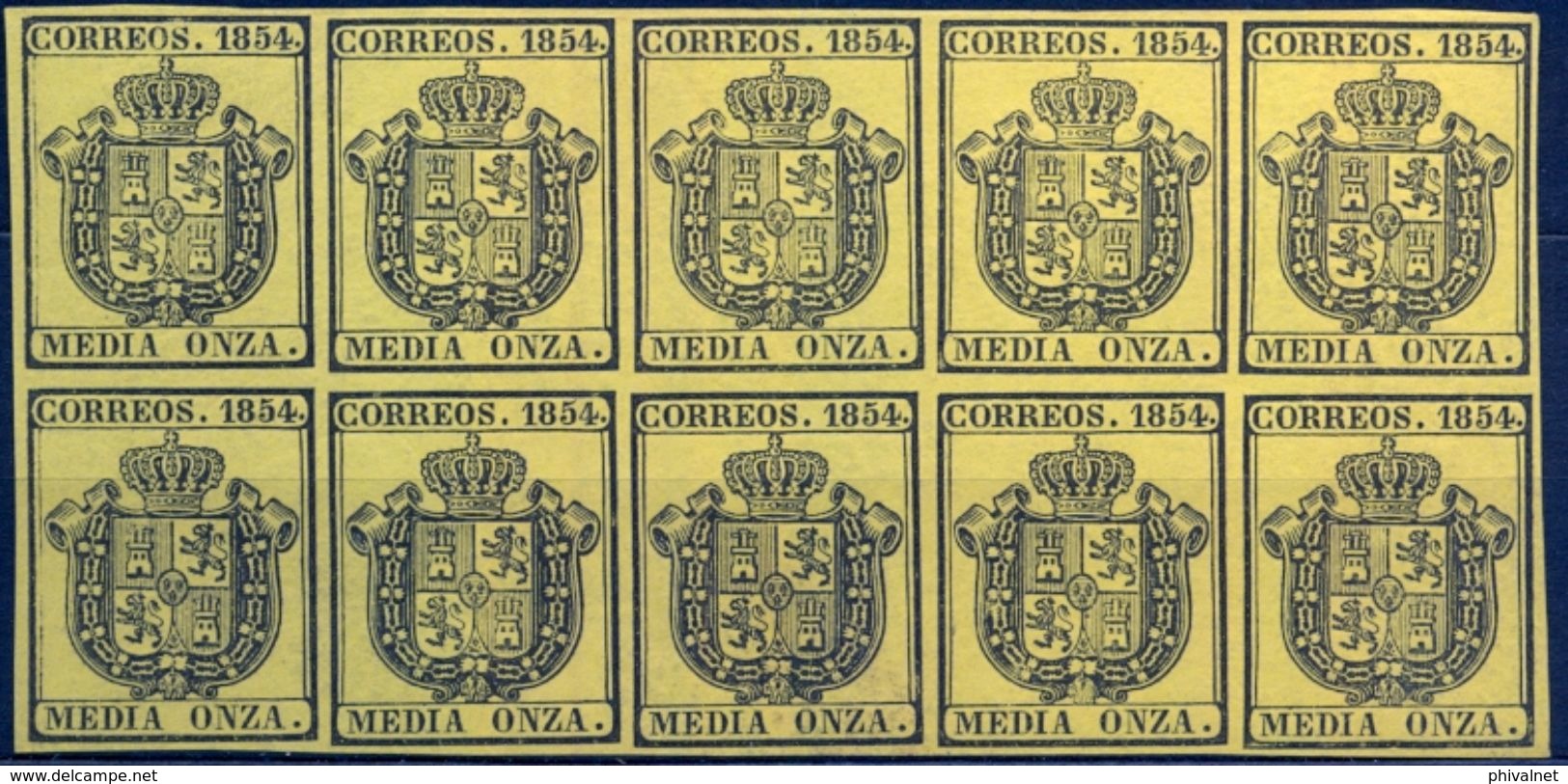 1854 , ESCUDO DE ESPAÑA , SERVICIO OFICIAL , ED. 28** , BLOQUE DE 10 - Nuevos