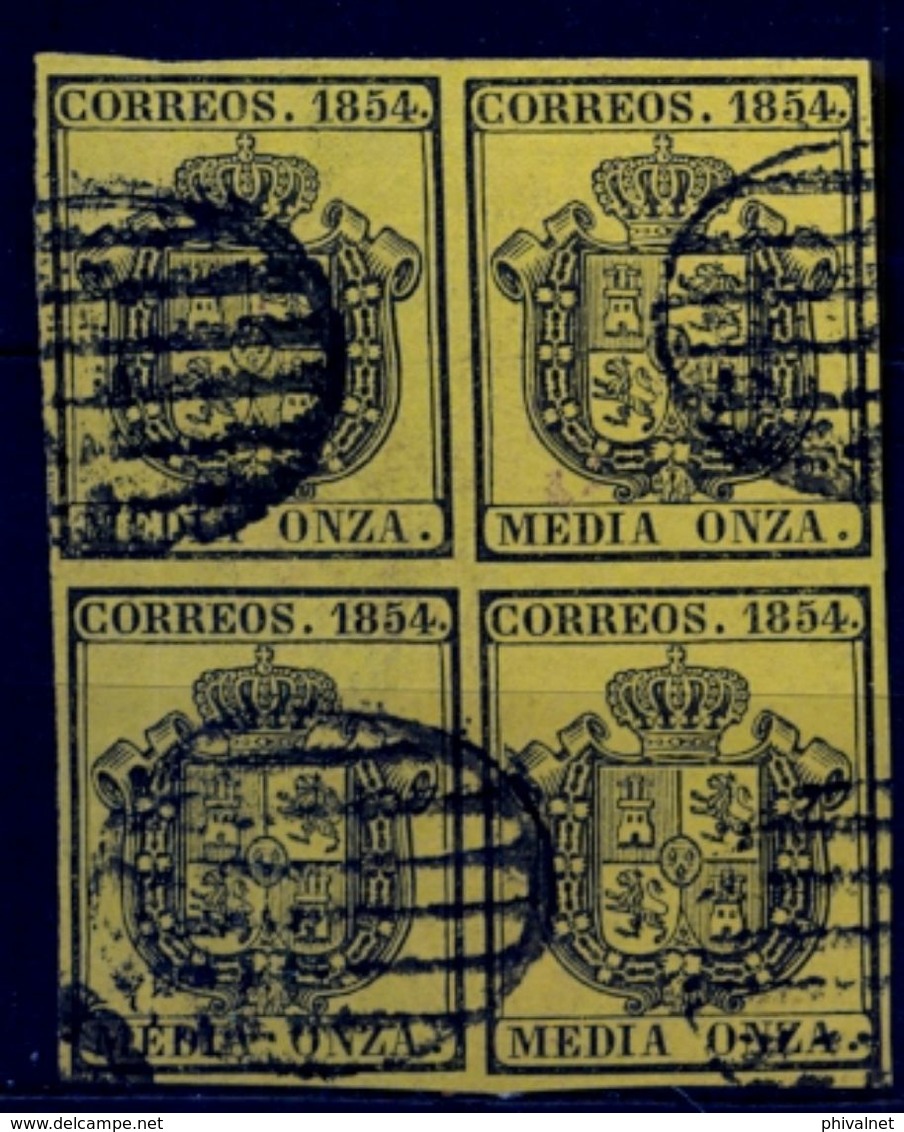 1854 , ESCUDO DE ESPAÑA , SERVICIO OFICIAL , ED. 28 , CANCELADO , BLOQUE DE 4 - Nuevos