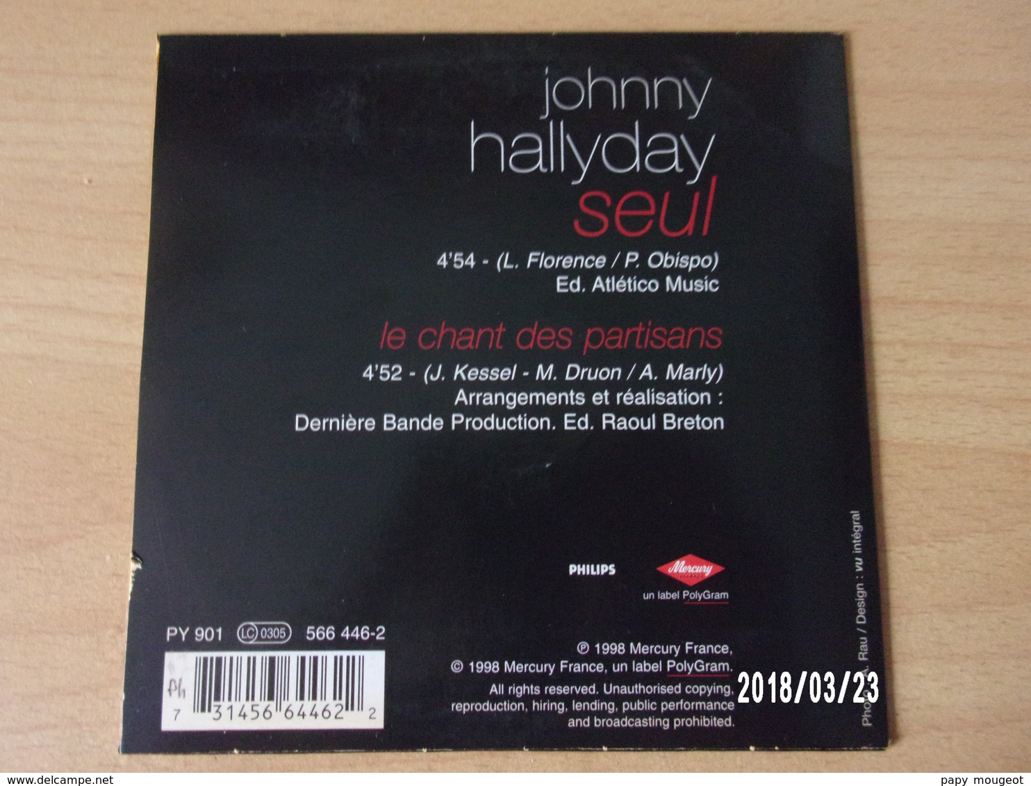 CD 2 Titres - Johnny Hallyday - Seul - Rock