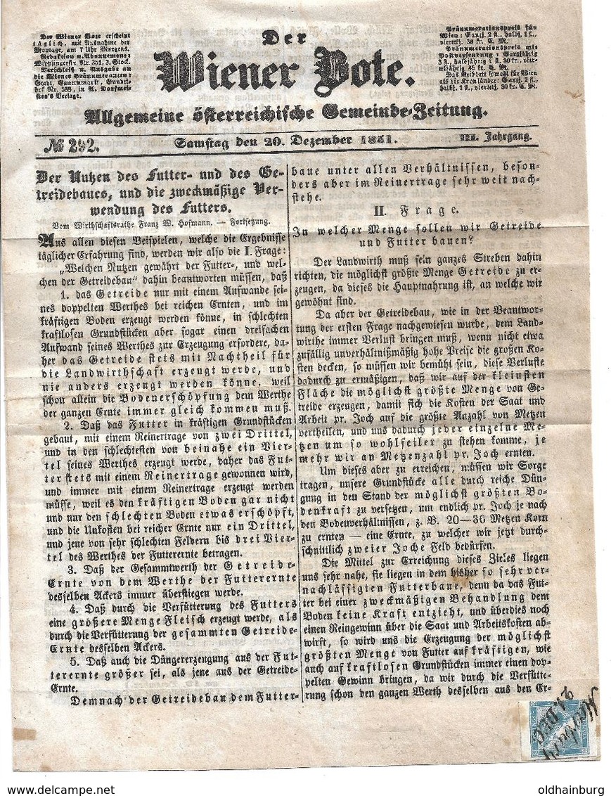 1557: Zeitungsmarke 1851 Auf Zeitung Wiener Bote 20.12.1851, Stp. Marburg 21. Dec - Briefe U. Dokumente