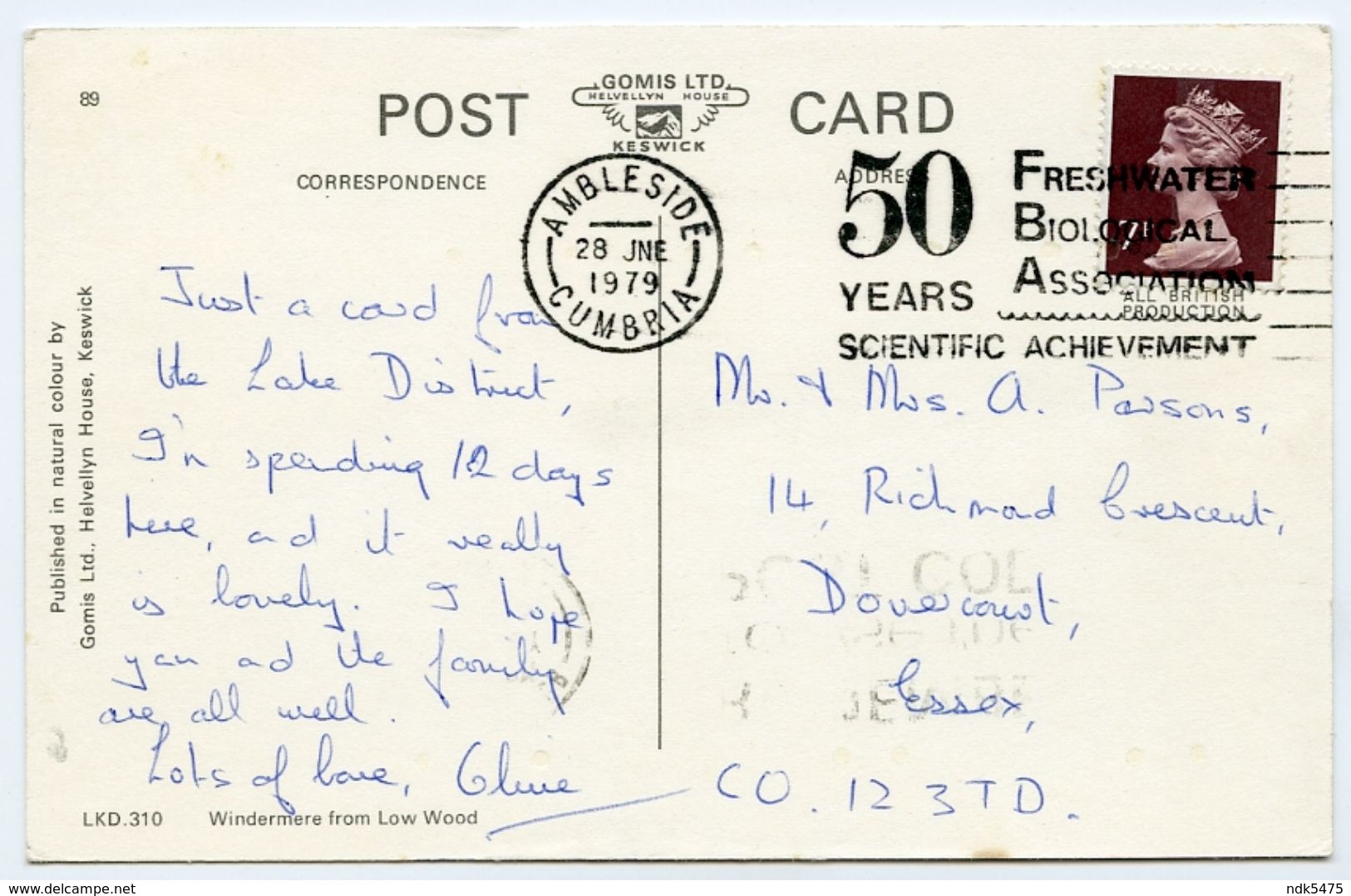 LAKE DISTRICT : WINDERMERE FROM LOW WOOD / POSTMARK - FRESHWATER BIOLOGICAL ASSOC. 50 YEARS / DOVERCOURT - Other & Unclassified