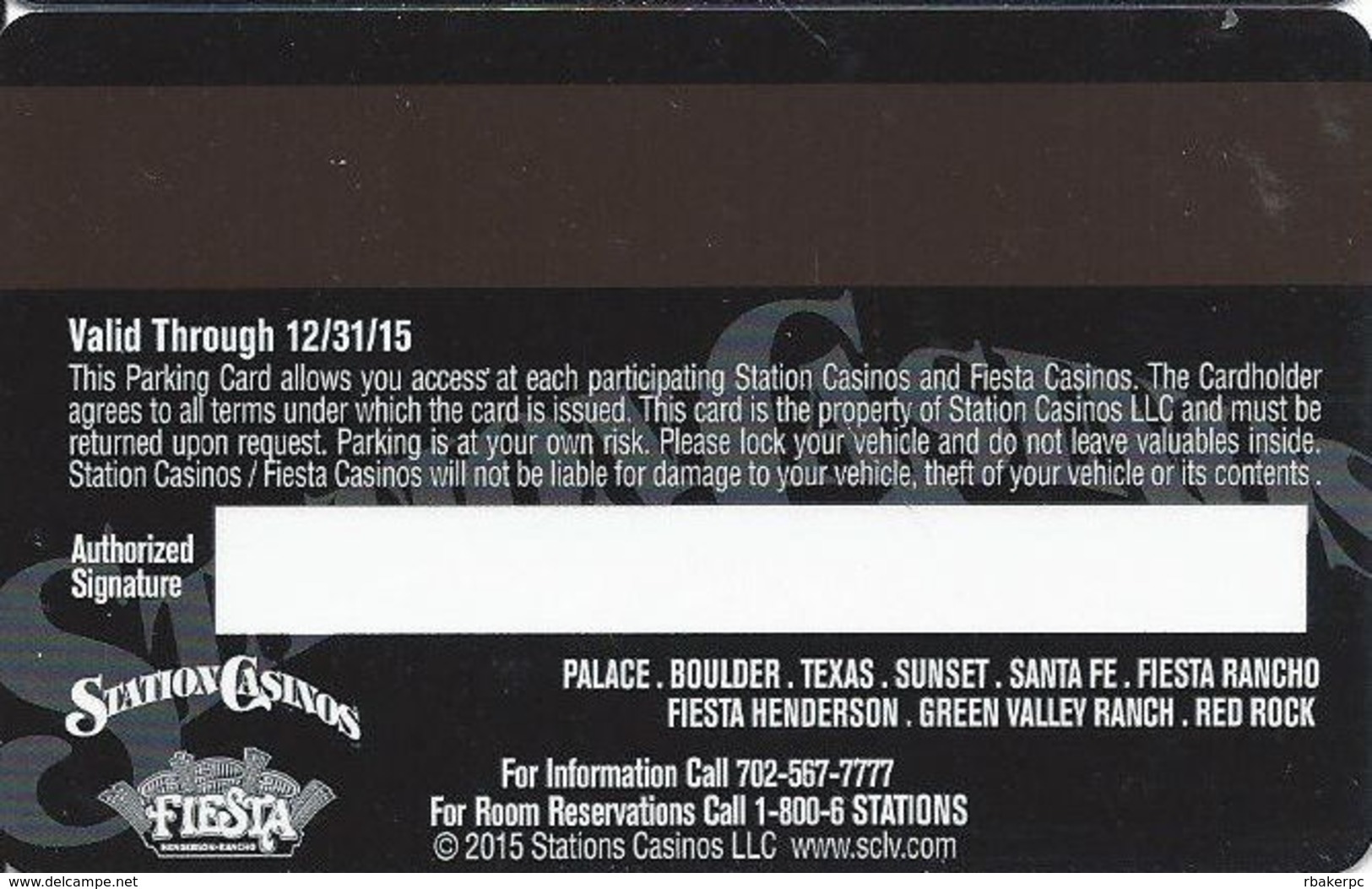 Station Casinos Las Vegas, NV - Parking Card - Copyright 2015 - Exp 12/31/15 - Casino Cards