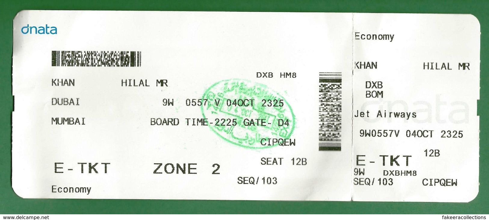 DUBAI, UAE To MUMBAI, INDIA - Boarding Card / Pass For JET AIRWAYS Issued By DNATA - Travel Ticket, Immigration Seal ... - Wereld