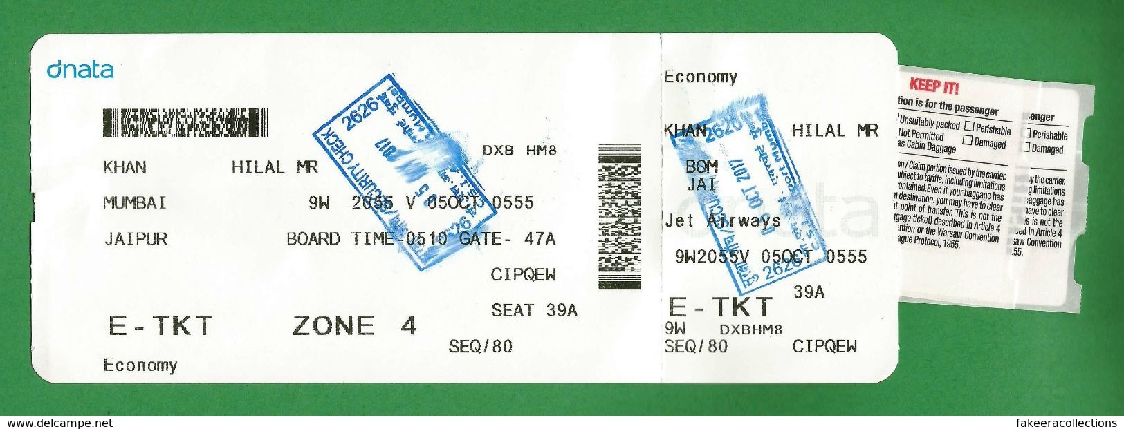 MUMBAI To JAIPUR, INDIA - Boarding Card / Pass For JET AIRWAYS Issued By DNATA - Travel Ticket, Security Seal - As Scan - World