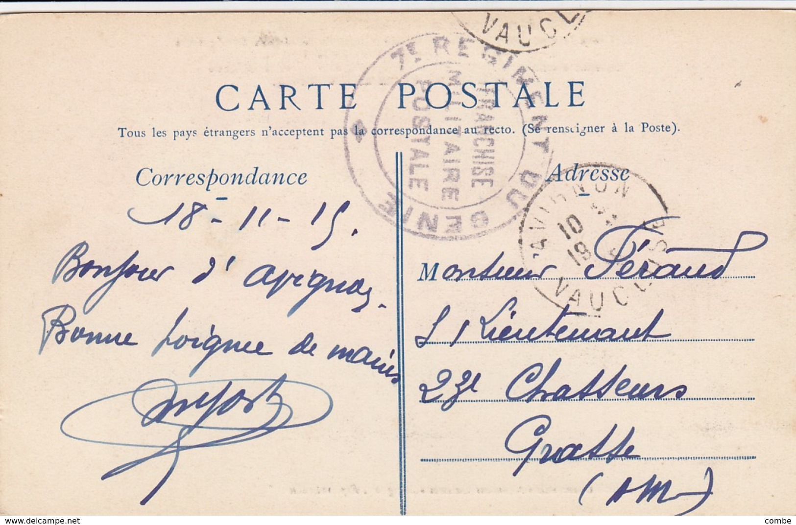 CARTE. EN FM. 19 11 15. 7° REGIMENT DU GENIE. FRANCHISE MILITAIRE POSTALE. AVIGNON POUR GRASSE - WW I