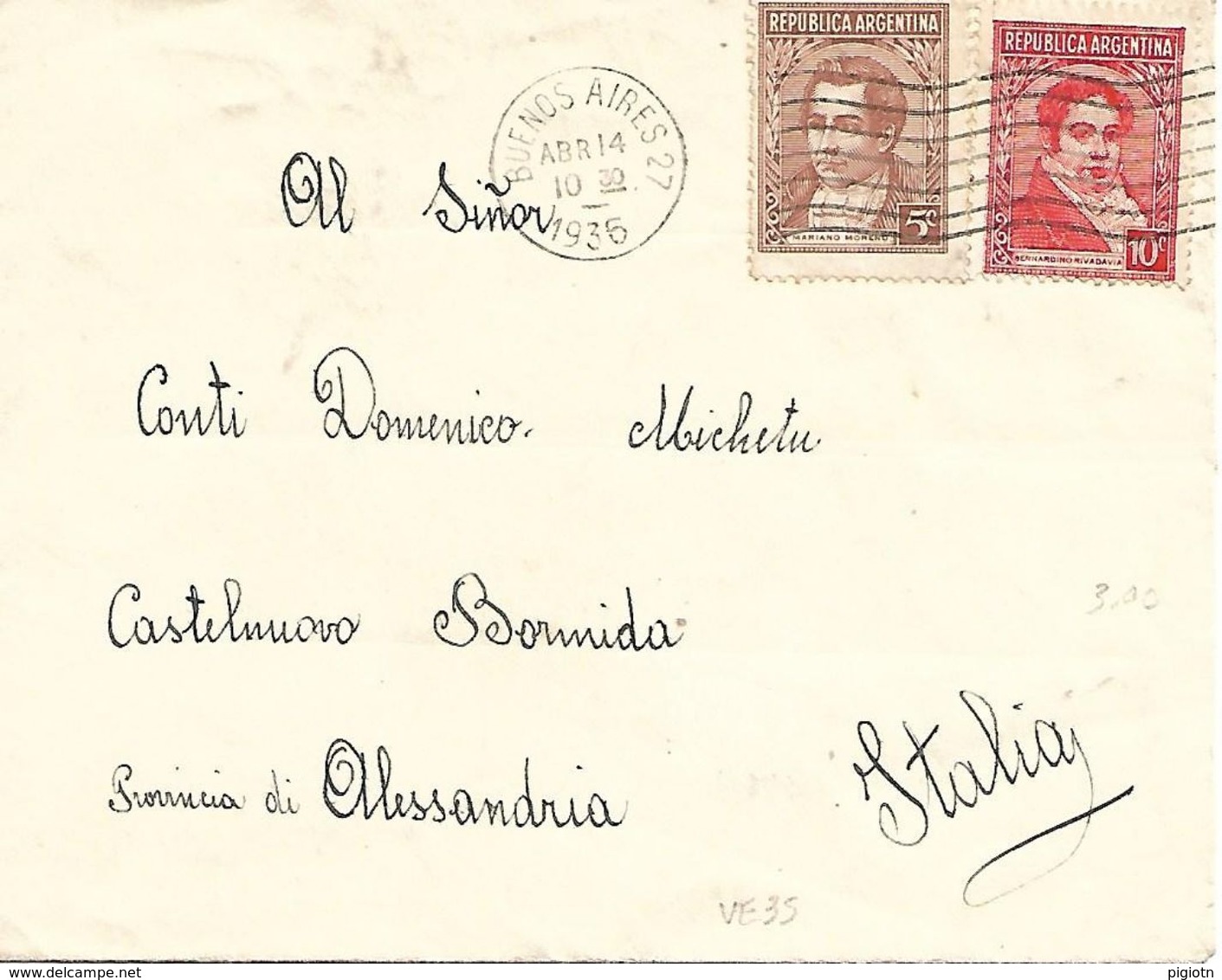 ARG019 - ARGENTINA - LETTERA AEREA DA BUENOS AIRES A CASTELNUOVO BORMIDA (AL) 1936 - N 368+370 CAT. YVERT - Storia Postale