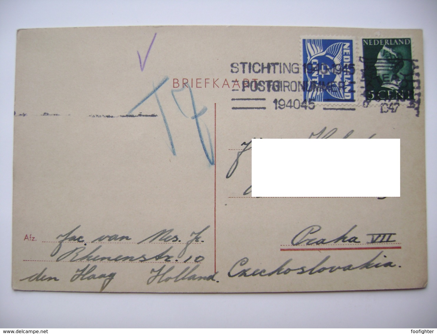 Netherland Postcard 1947 ROTTERDAM To Czechoslovakia, Flamme STICHTING 1940-1945 POSTGIRONUMMER 194045 - Brieven En Documenten