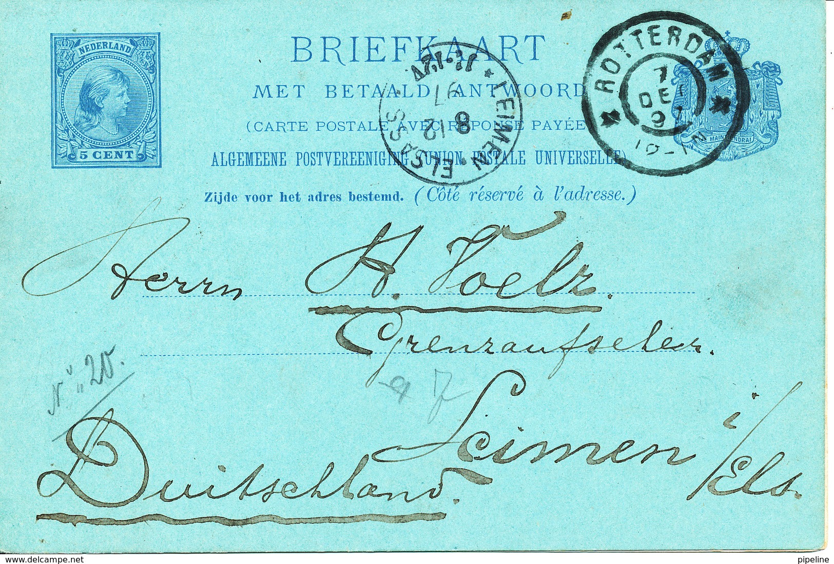 Netherlands Postal Stationery Lettercard Double Sent To Germany Rotterdam 7-12-1897 - Briefe U. Dokumente
