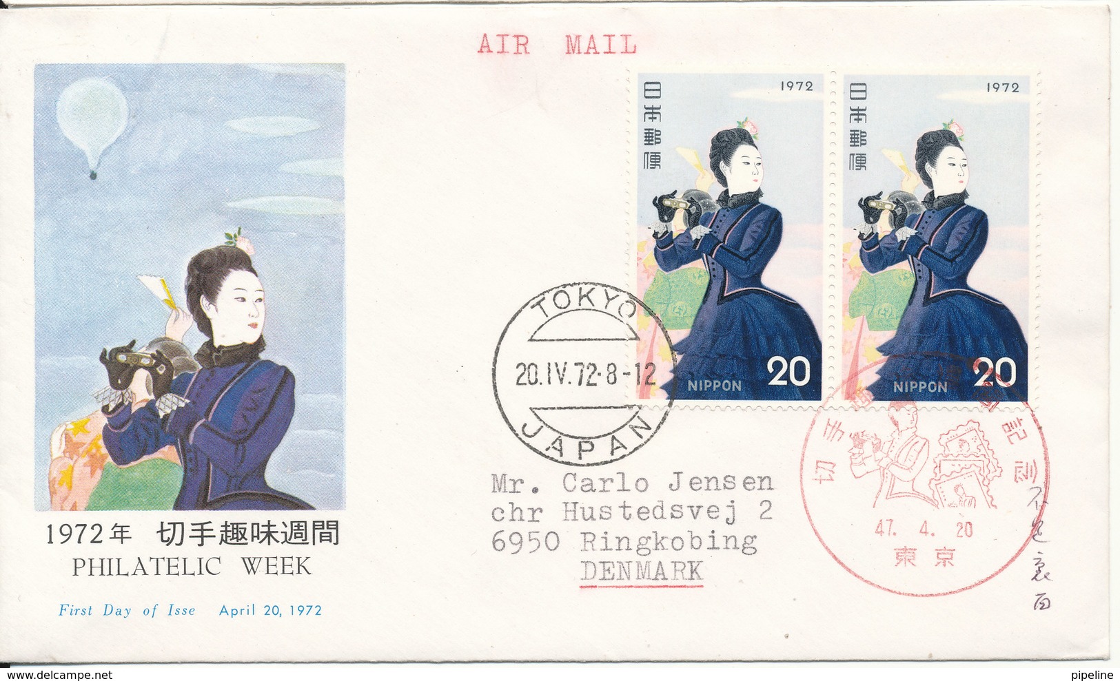 Japan FDC 20-4-1972 Philatelic Week With Cachet Sent To Denmark Also Stamps On The Backside Of The Cover - FDC