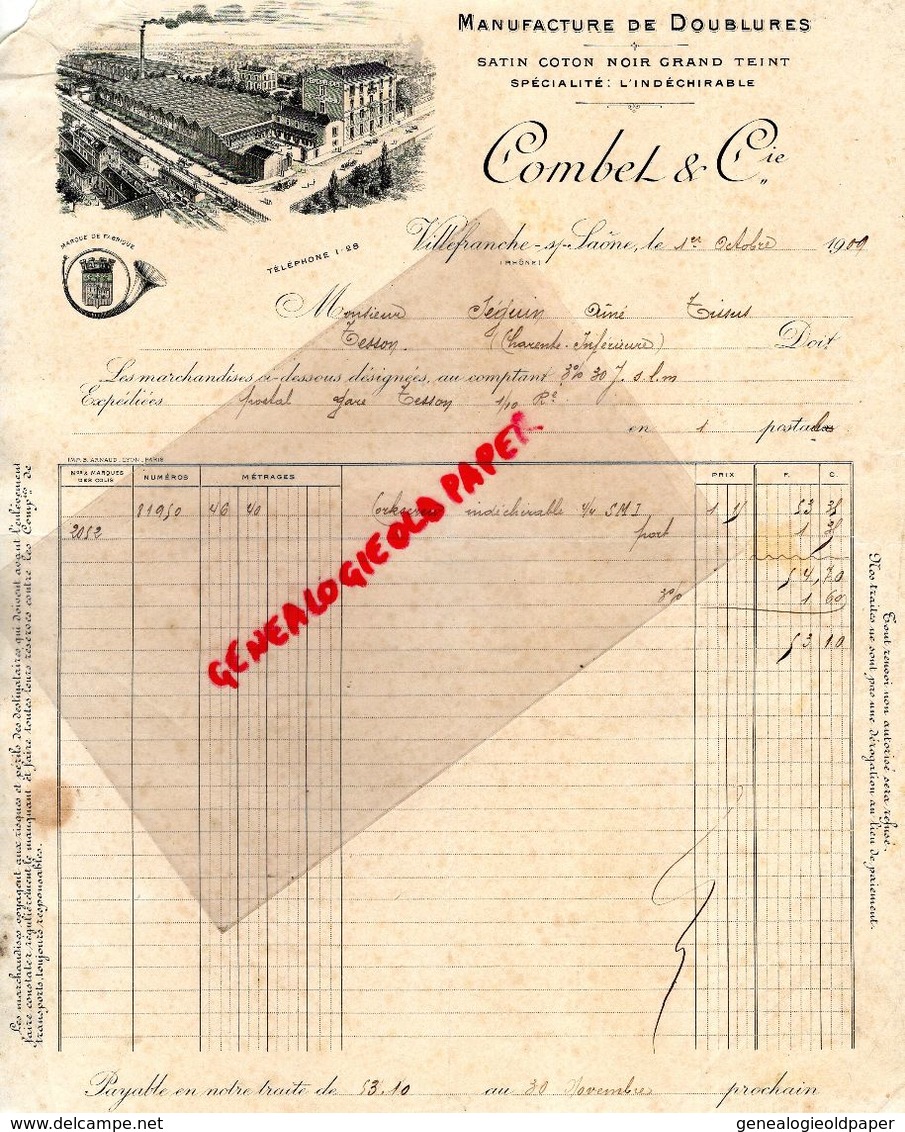 69 - VILLEFRANCHE SUR SAONE- FACTURE COMBET & CIE- MANUFACTURE DOUBLURES SATIN COTON NOIR-TISSUS- 1909 - 1900 – 1949