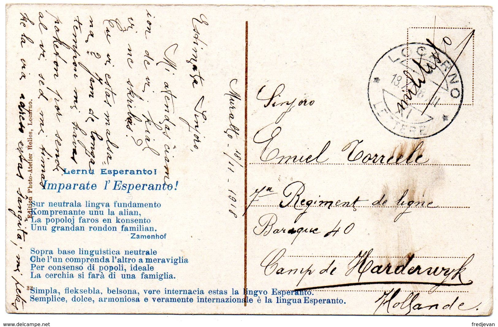 Militaire Post - Verzonden Van Locarno Naar Camp De Harderwijk (Hollande) STERSTEMPEL - 1918 - Oblitérations