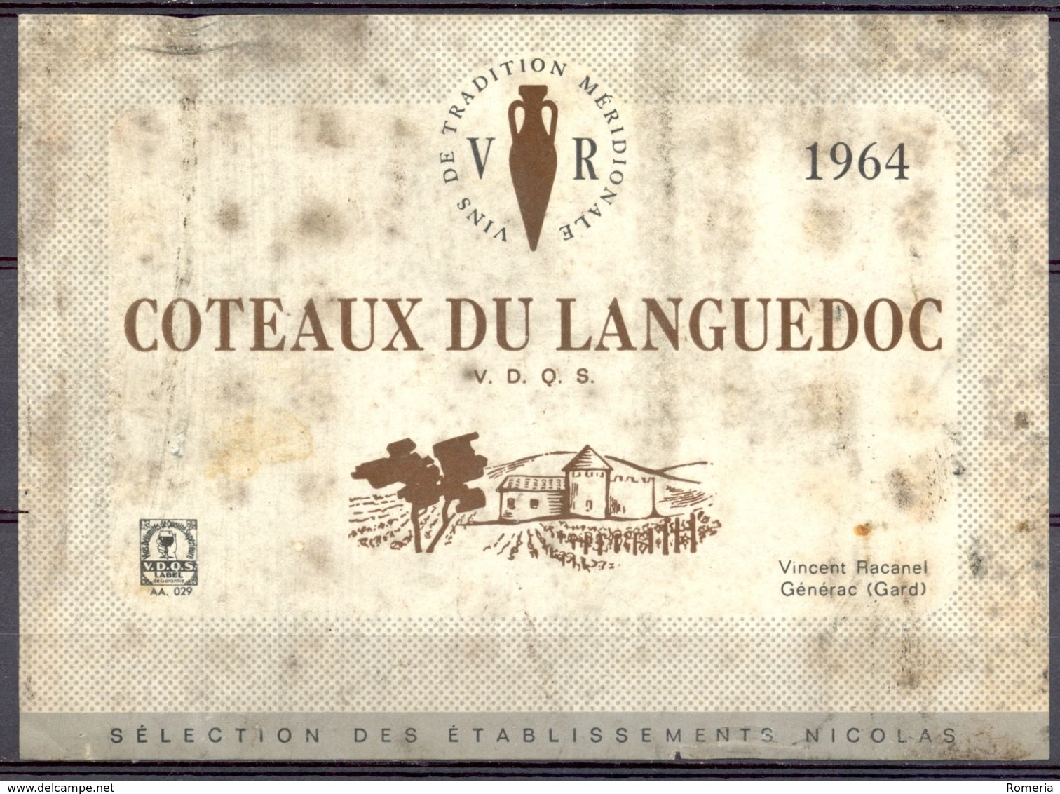 721 - Coteaux Du Languedoc - V.D.Q.S. 1964 - Vincent Racanel Générac (Gard) - Sélection Etablissements Nicolas - Languedoc-Roussillon