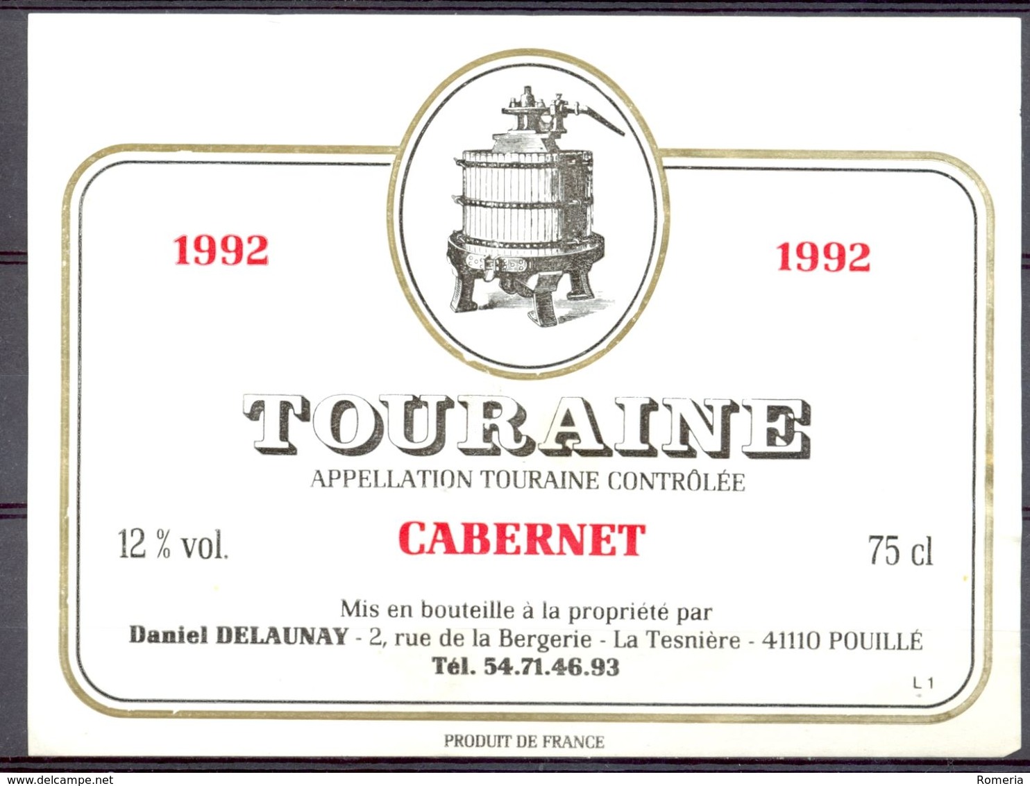 722 - Touraine 1992 Cabernet - Daniel Delaunay La Tesnière - 41110 Pouillé - Rotwein
