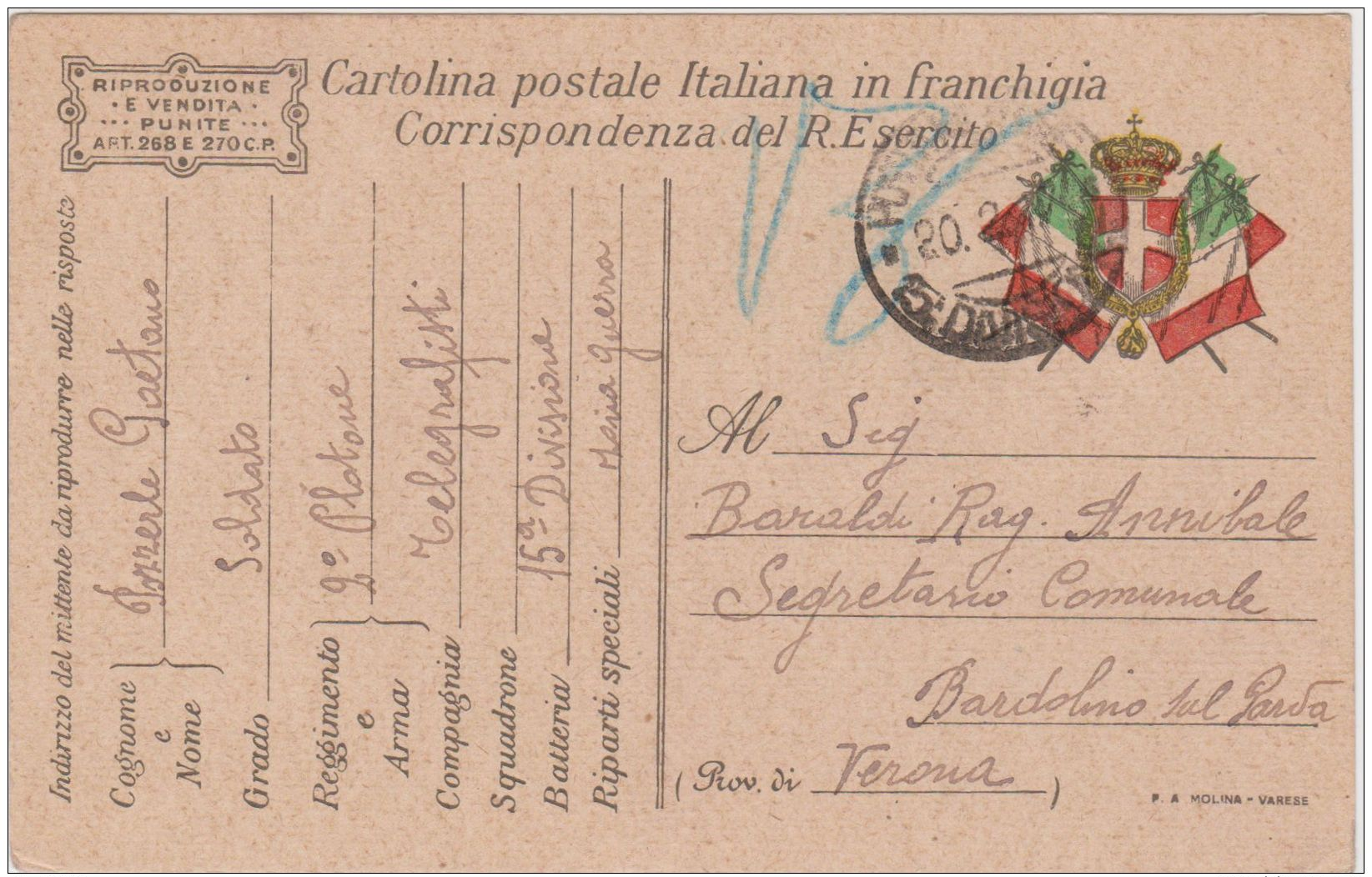 1917 POSTA MILITARE/15 DIVISIONE C2 (20.2) Su Cartolina Franchigia - Storia Postale