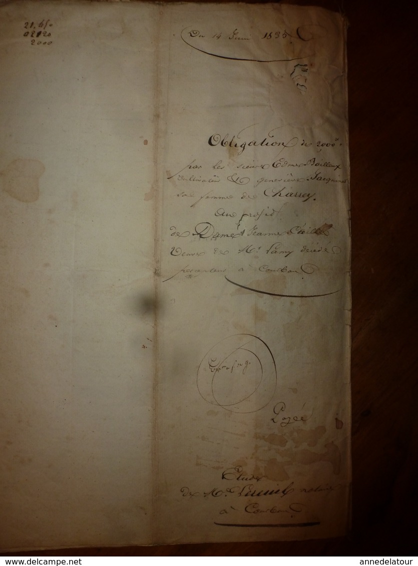 1835 Manuscrits notariés avec cachets,à CHATILLON concernant -->Bondeveau, Laurent-Sauvages,Nicolas Bessey instituteur