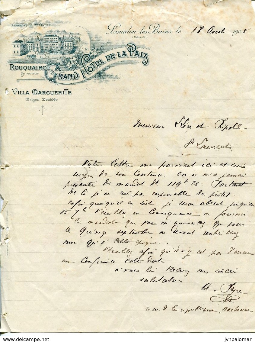 LETTRE-GRAND HOTEL DE LA PAIX-VILLE MARGUERITE- LAMALOU-LES-BAINS- 1905 - Deportes & Turismo