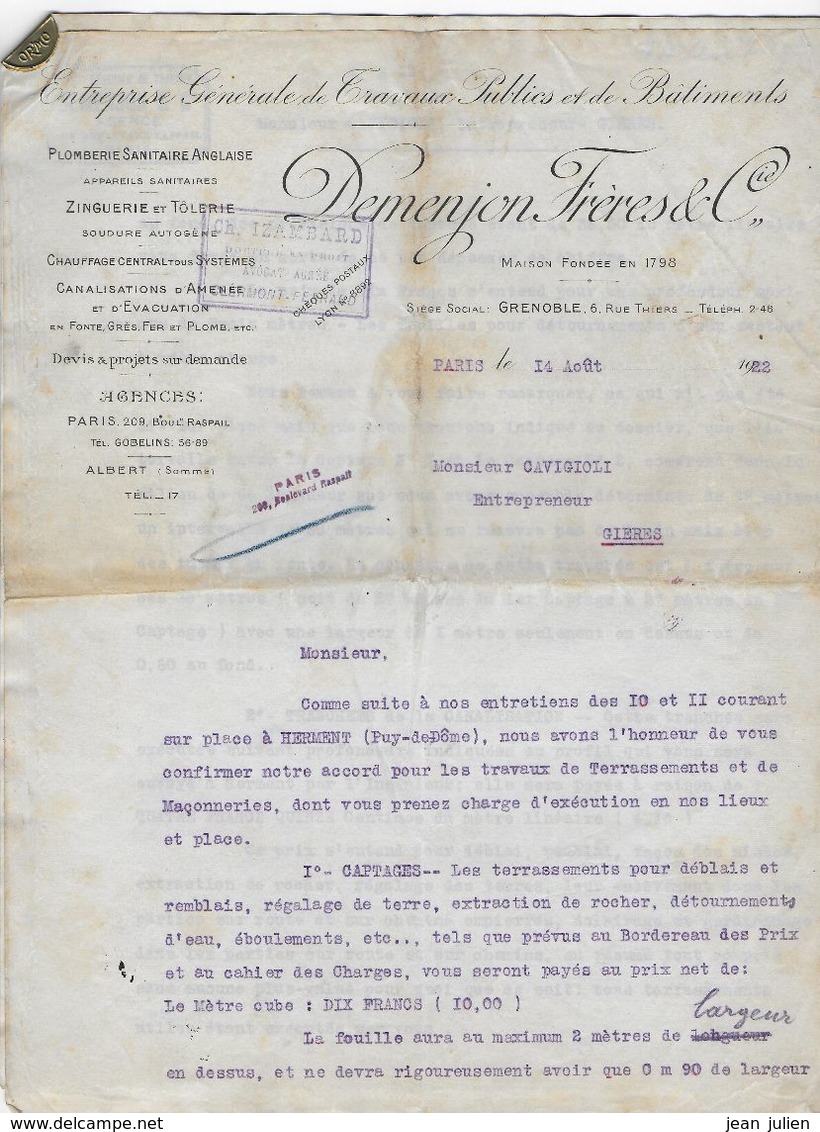 63 - HERMENT - CAPTAGE EAU à HERMENT - Entreprise DEMENJON à Grenoble - 1922 - Clauses Du Contrat - Other & Unclassified