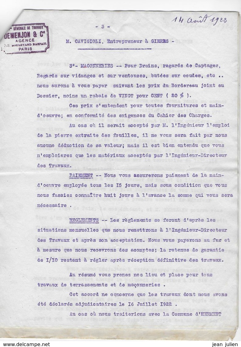 63 - HERMENT - CAPTAGE EAU à HERMENT - Entreprise DEMENJON à Grenoble - 1922 - Clauses Du Contrat - Other & Unclassified