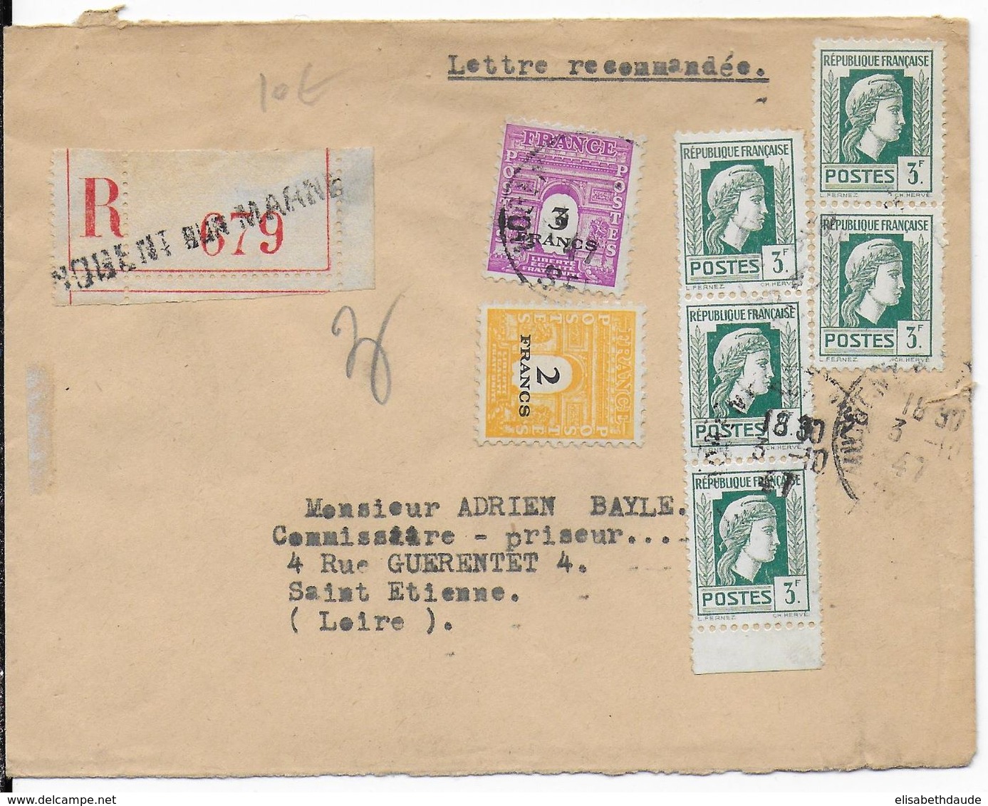 1947 - TYPE MARIANNE D'ALGER RARE SUR LETTRE + ARC DE TRIOMPHE - ENVELOPPE De RECOMMANDEE De NOGENT SUR MARNE - 1921-1960: Modern Period