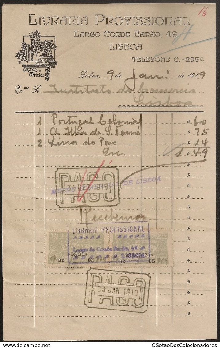 Fatura - Invoice Portugal - Lisboa 1919 - Livraria Profissional - Vinheta Imposto Selo - Advertising - Portugal