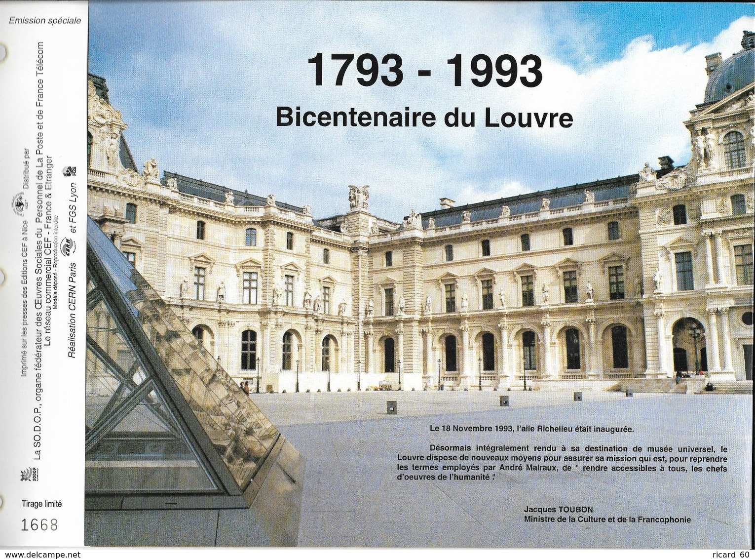 Doc Fdc+ Gravure 20/11/93,  N°2852A Yvert, 200 Ans Du Musée Du Louvre,  Mona Lisa, Vignettes Samothrace, Vénus De Milo - Documenti Della Posta