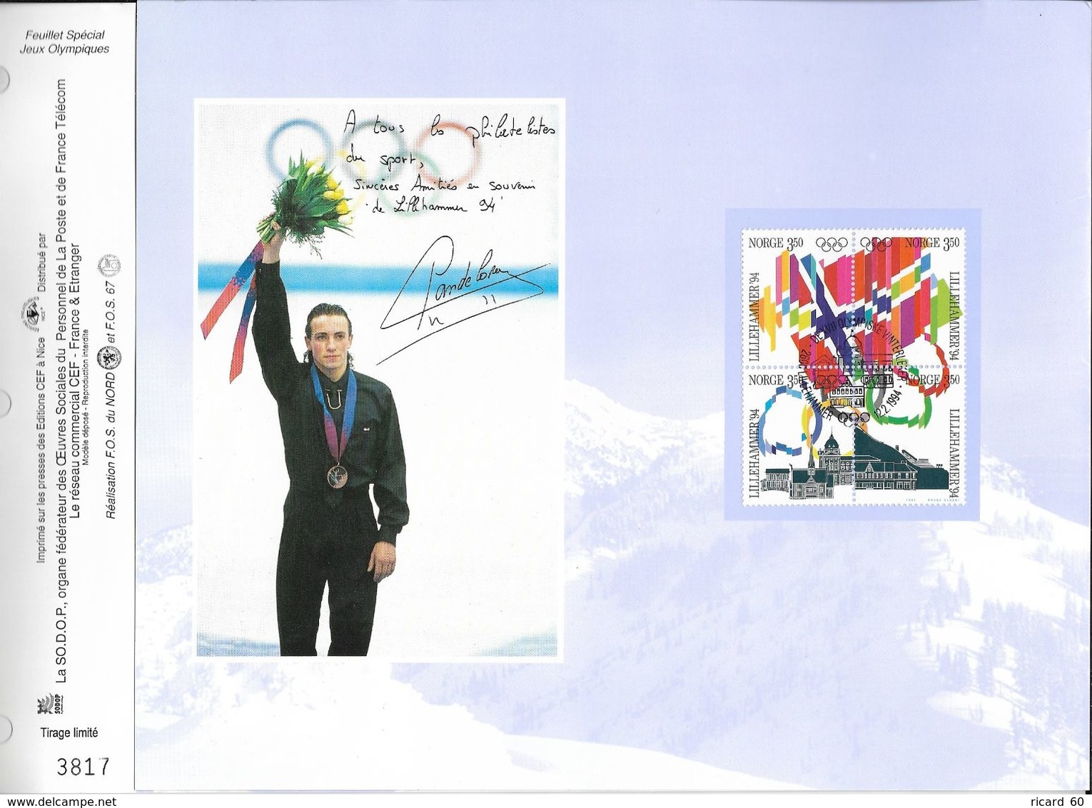 Doc Fdc+ Gravure 12/2/94,  N°bf Norvège  Jeux Olympiques De Lillehammer, Philippe Candeloro, Patinage - Winter 1994: Lillehammer