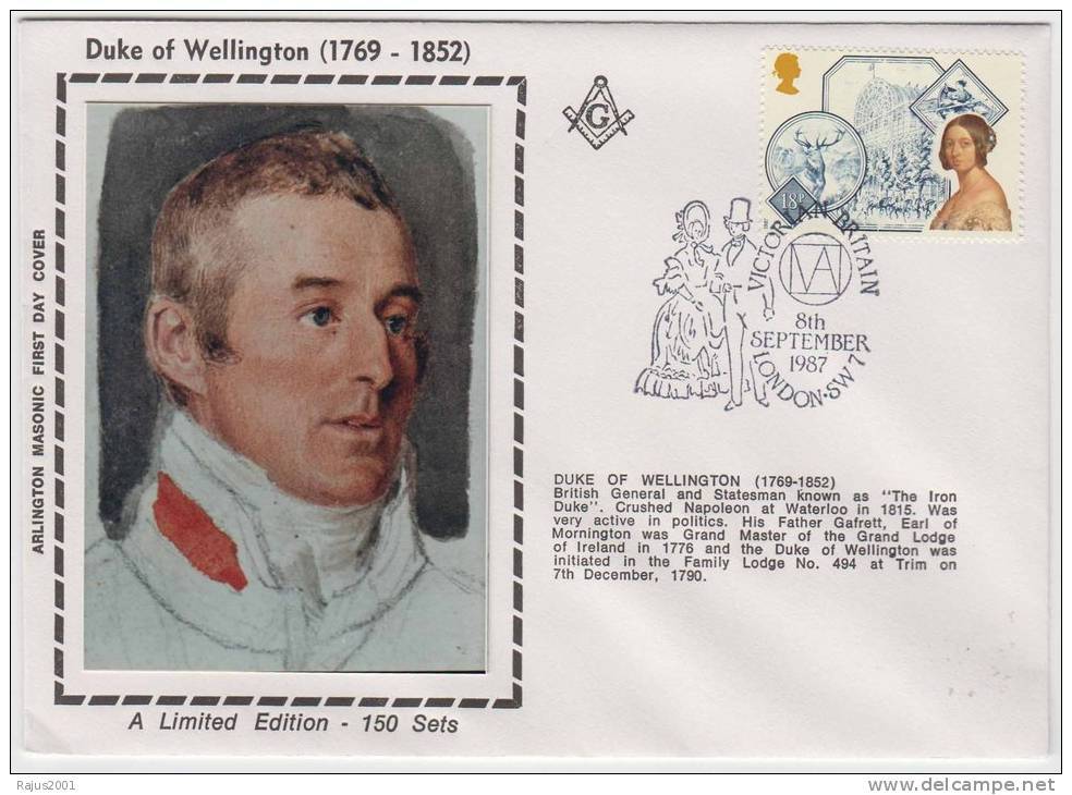 Duke Of Wellington, British General , Freemason, Family Lodge Freemasonry Masonic Cover 1987 Great Britain - Franc-Maçonnerie