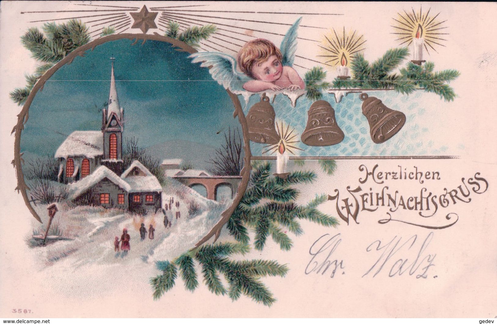 Fröhliche Weihnachten, Angelots Et Paysage, Litho Gaufrée (3587) - Anges