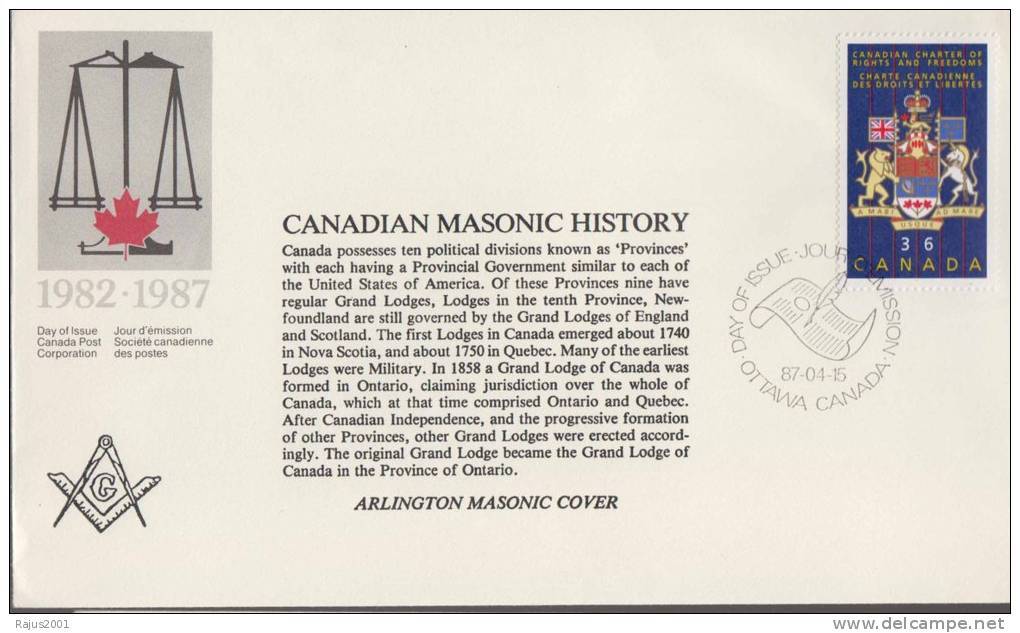 Canadian Masonic History, First Grand Lodge In Canada In 1740 Nova Scotia, Freemasonry, Masonic Cover Canada - Freimaurerei