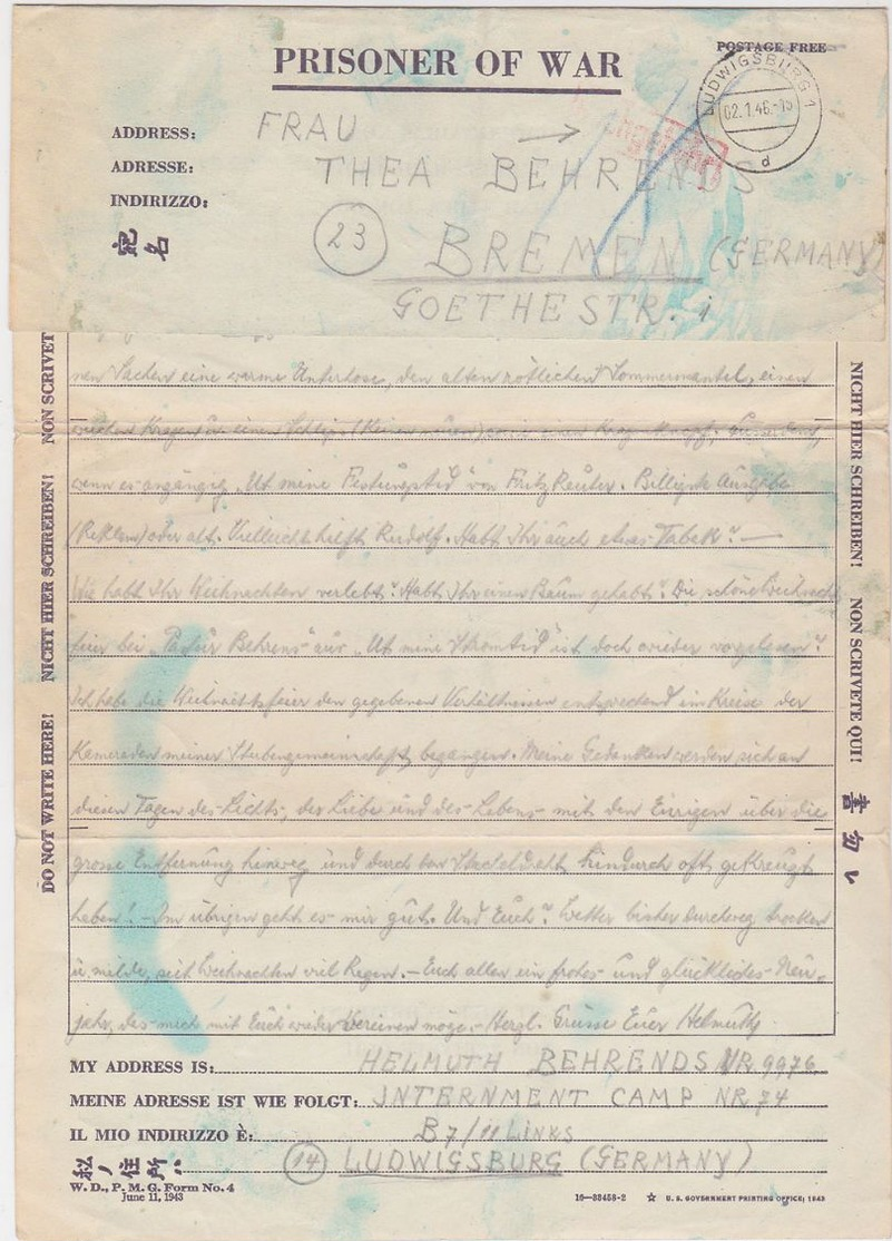 GERMANY U.S.A. 1946 (2.1.) CPL.FOLD.P.O.W. LETTER INTERNMENT CAMP 74 LUDWIGSBURG (Württ.) - Other & Unclassified