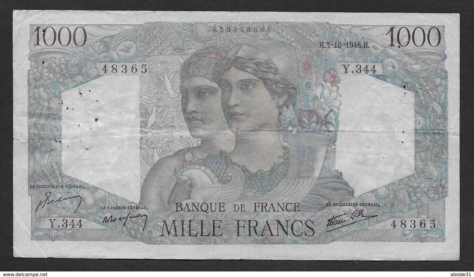 1000 Francs  " Minerve Et Hercule "  Du 3 - 10 - 1946 - 1 000 F 1945-1950 ''Minerve Et Hercule''