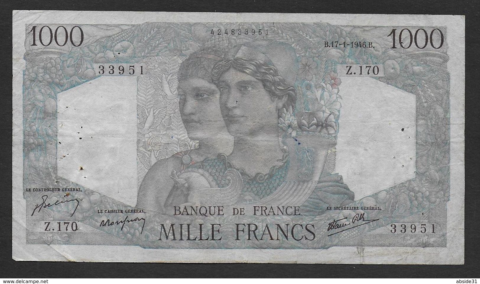 1000 Francs  " Minerve Et Hercule "  Du 17 - 1 - 1946 - 1 000 F 1945-1950 ''Minerve Et Hercule''