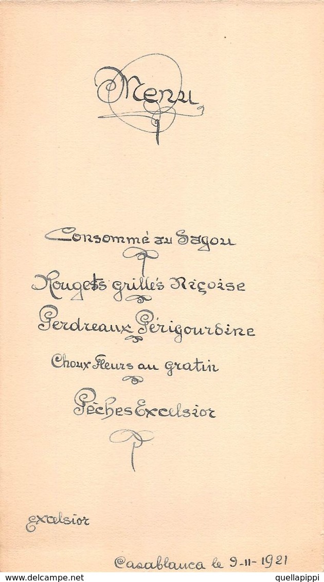 07515 "MENU  EXCELSIOR - CASABLANCA 1921" ORIGINALE. - Menu