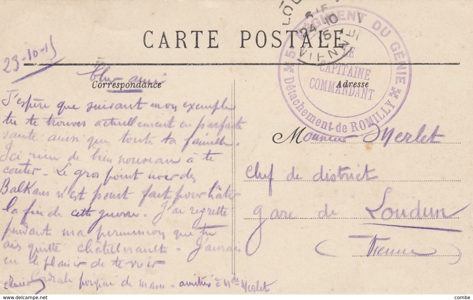 CARTE. EN FM. 24 10 15. 5° REGIMENT DU GENIE DETACHEMENT DE ROMILLY. POUR LOUDUN - WW I