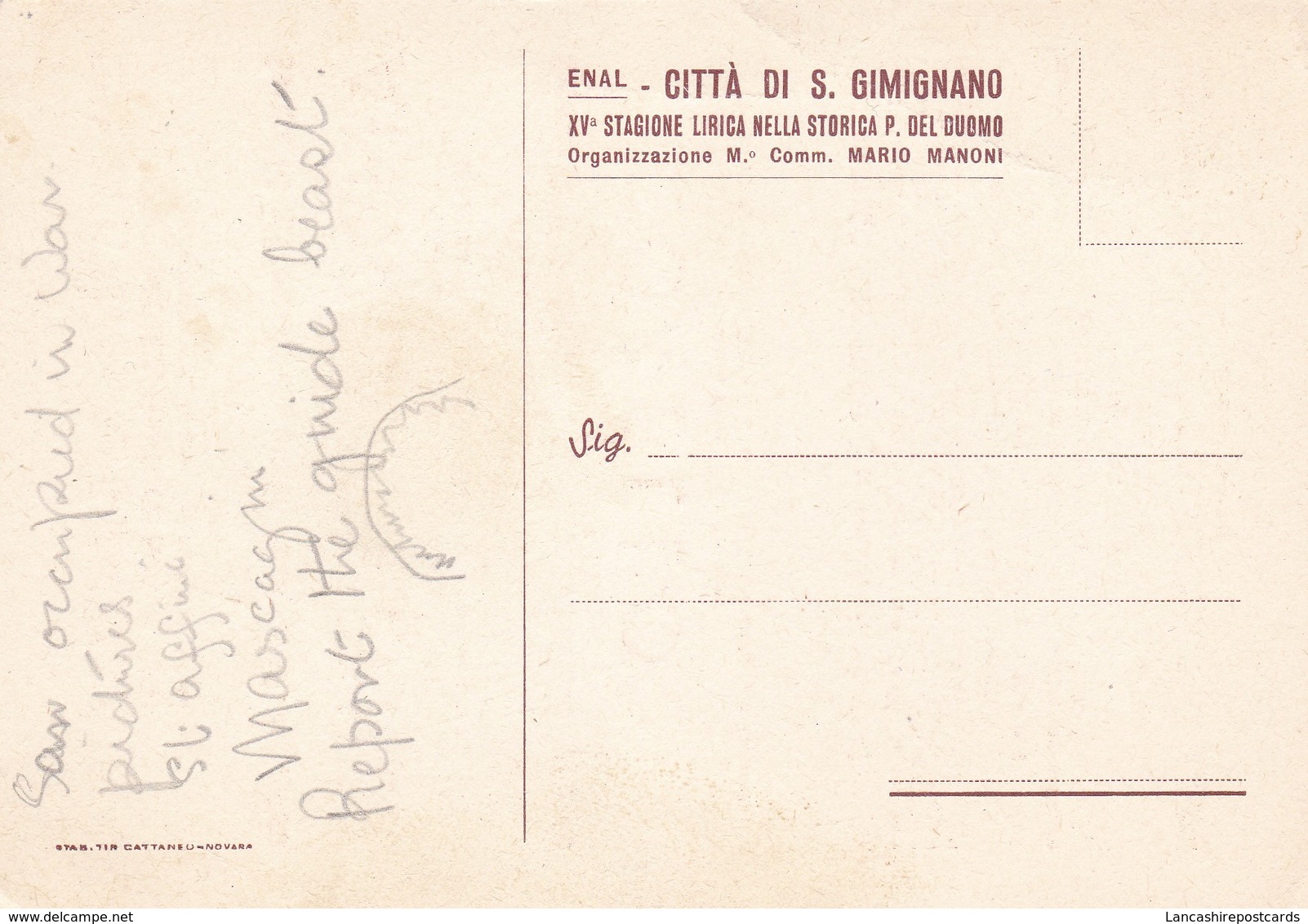 Postcard Opera Advertisement Otello Citta Di S Gimignano 1949 Andrea Chenier My Ref  B22453 - Opera